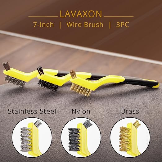 Lavaxon Wire Brush Set 3Pcs - Nylon/Brass/Stainless Steel Bristles with Curved Handle Grip for Rust, Dirt & Paint Scrubbing with Deep Cleaning – 7 Inches (Yellow)