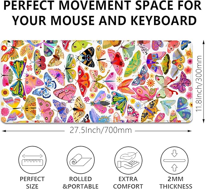 Colorful Butterfly Mouse Pad,Large Extend Mousepad Desk Pad with Stitched Edges,Non-Slip Waterproof Rubber Base Mouse Mat Desk Mat for Office Computer Keyboard Laptop Home(27.5x11.8 in)