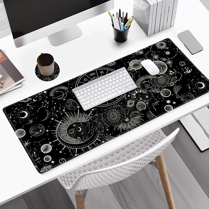 Gaming Mouse Pad Keyboard Wrist Support, 4 in1 Mousepad Set with Wrist Keyboard Rest, Computer Desk Mat, Non-Slip Desk Pad Protector with Memory Foam Easy Typing Pain Relief I Moon Sun Cosmic