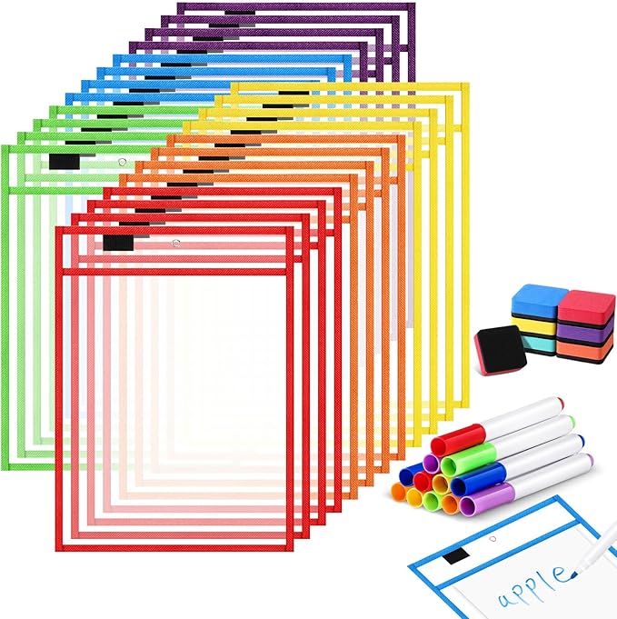 24 Pack Dry Erase Pocket Reusable Sleeves 10" x 14" Clear Plastic Sheet Protectors with Dry Erase Markers and Mini Sleeves Paper Teacher Supplies(Rainbow)