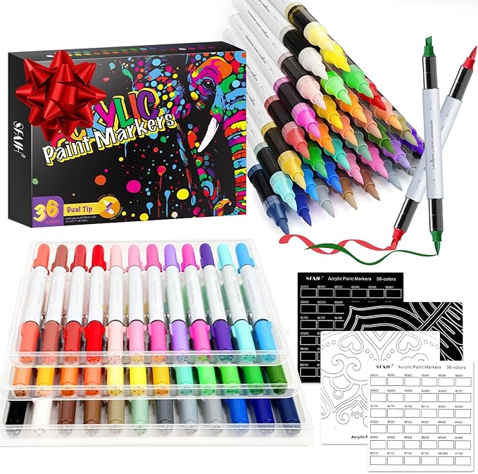 SFAIH Halloween Gifts Acrylic Paint Markers, 36 Colors Dual Tips Acrylic Brush Markers With Chisel Tip, Automatic Ink Control, Ultra-High Coverage, No Bleed Ink, Art Supplies for Rock, Canvas, Fabric