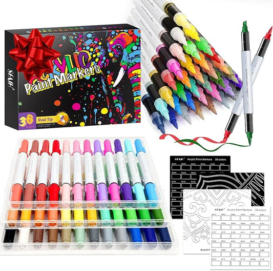 SFAIH Halloween Gifts Acrylic Paint Markers, 36 Colors Dual Tips Acrylic Brush Markers With Chisel Tip, Automatic Ink Control, Ultra-High Coverage, No Bleed Ink, Art Supplies for Rock, Canvas, Fabric