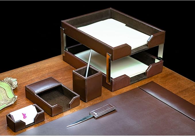 Dacasso Bonded Leather Desk Set - Luxury Leather Desk Pad & Desk Organization Essentials - Office Organization & Executive Desk Decor - (Dark Brown, 8 Piece)