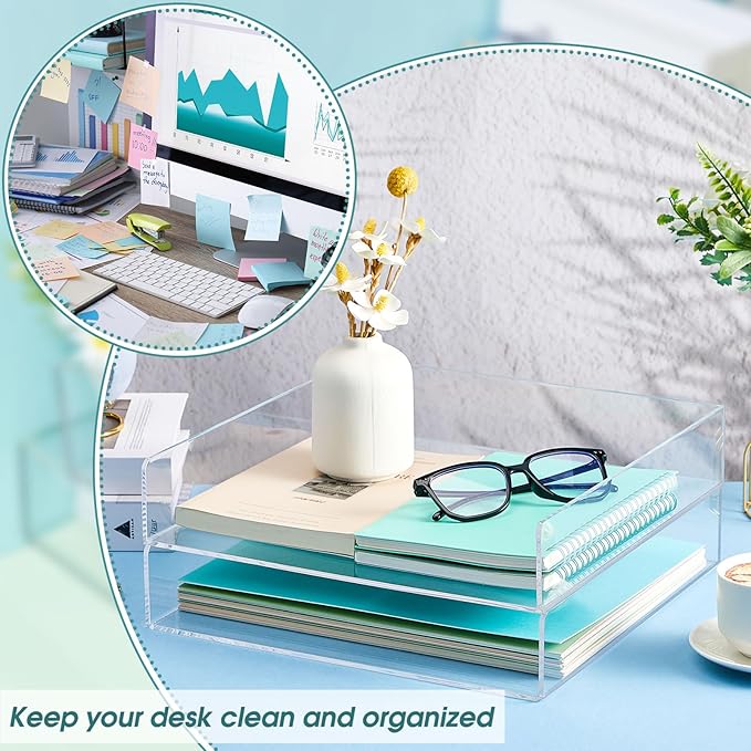 Yulejo 2 Pcs 12.4 x 12.4 x 2.36" Acrylic Desk Organizers Accessories Paper Storage Tier File Office Organizer Tray Stackable Document Clear Desk Accessories for Office Workspace Organization