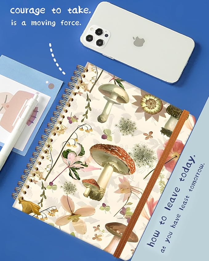 Ruled Spiral Writing Notebook,A5 Hardcover Lined College Journal for Women,Strong Twin-Wire Binding with Premium Paper,8.4" X 6",Perfect for School,Office,Home(Mushroom Garden)