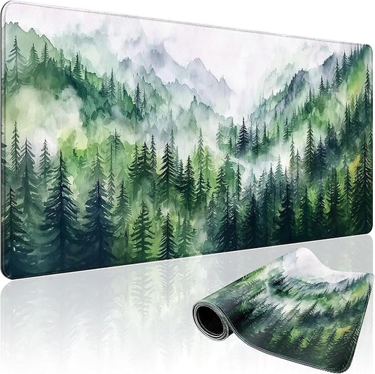 Misty Forest Mountain Large Gaming Mouse Pad 31.5"x15.7"｜XXL Desk Mat, Non-Slip Rubber Base & Stitched Edges - Extended Waterproof Mousepad for PC/Laptop/Office/Home Decor