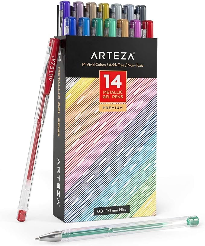 ARTEZA Metallic Gel Pens Colored with Triangular Grip, 14 Colors Gel Markers for Adult Coloring
