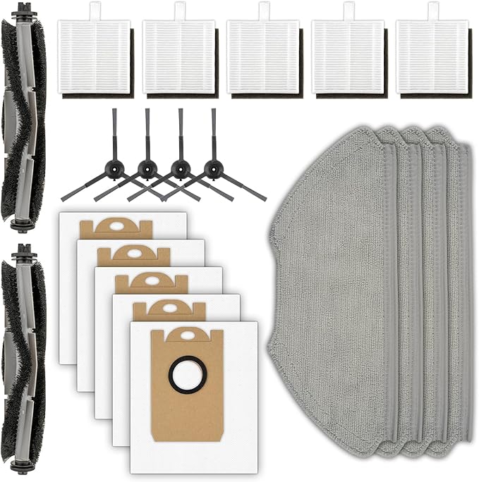 (20 Pack) T20+, T25+, T30+ Replacement Parts Compatible with Airrobo T20+, T25+, T30+ Robot Vacuum Cleaner, 2 Roller Brush, 4 Side Brushes, 5 Dust Bags, 5 HEPA Filters, 4 Mop Pads, Accessories Kit