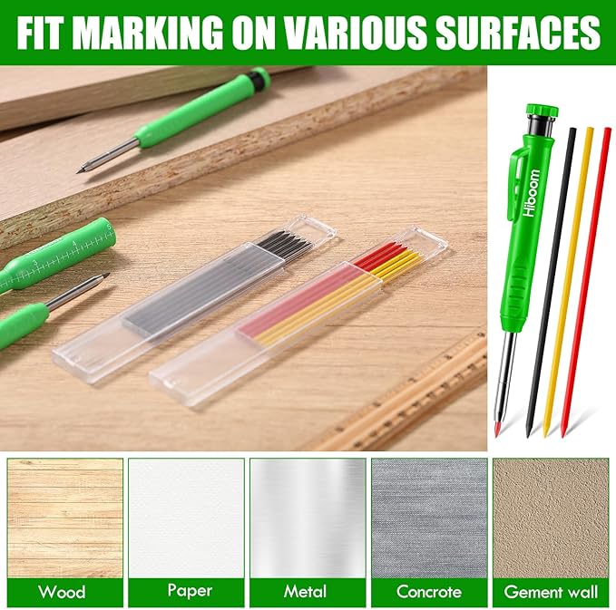 Hiboom 6 Pack Solid Carpenter Pencils Mechanical Construction Pencils with 72 Pcs 2.8 mm Lead Refills Pencil Cap Built In Sharpener Woodworking Marking Tools for Architect Long Nosed Deep Hole Scribe