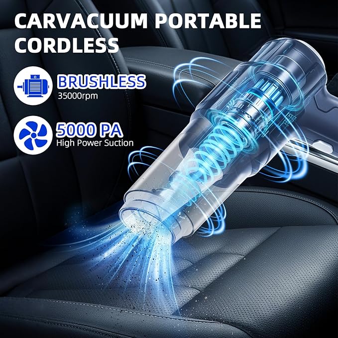 Car Vacuum Portable Cordless: 5000PA Handheld Vacuum Cleaner,6 in 1 Air Duster and Vacuum Cleaner with Multi-Nozzles,120W Rechargeable High Power Suction & Blower for Car, Home, Office, Pet Hair