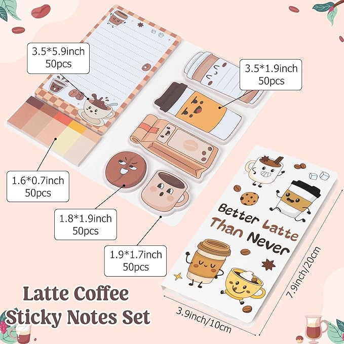 B1ykin Sticky Notes Set, Cartoon Theme Cute Self-Stick Notes Pad Teacher Appreciation Gifts, Self-Adhesive Writing Memo Pages Sticky to Do Notepad Thank You Gift for School Classroom (Latte Coffee)