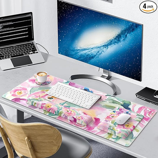 iCasso Mouse Pad with Wrist Rest,Large Desk Mat Set,Ergonomic Keyboard Pad with Wrist Support,Non-Slip Mouse Mat for Women,Cute Floral Computer Mat for Home Office Gaming (Watercolor Flowers)