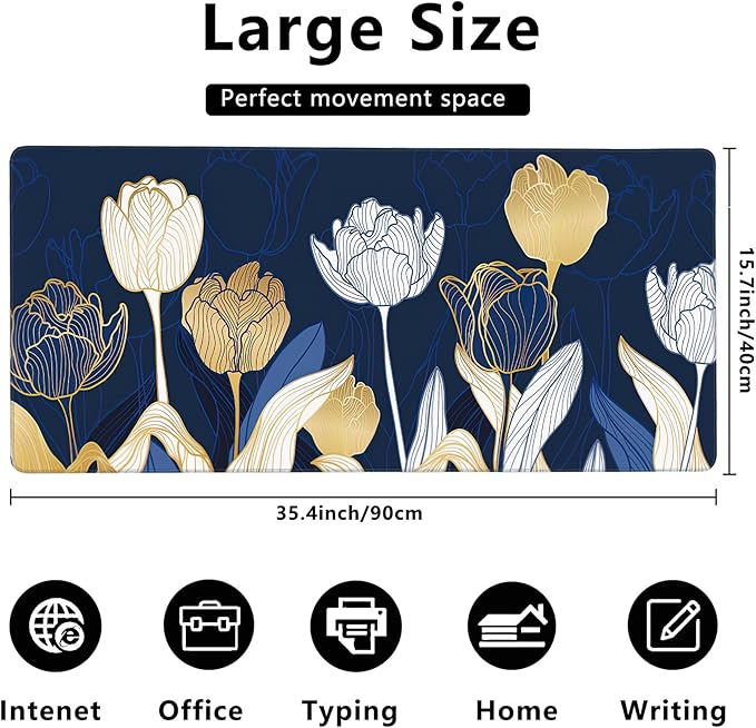 MIOAOSRT Desk Mat,Luxury Gold Tulip Flower Large Gaming Mouse Pad with Stitched Edges,Non-Slip Computer Mouse Pad for Desk,Extended XXL Keyboard and Mouse Pad 35.4x15.75 in