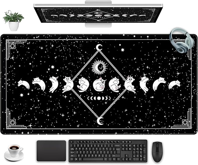 Black Desk Mat Cute Cats Mouse Pad XXL, Funny Gaming Desk Pad, Cute Desktop Mat for Keyboard and Mouse, Extra Large Full Desk Computer Pads, Kawaii Stars Horoscope Desk Decor 31.5" x 15.7"