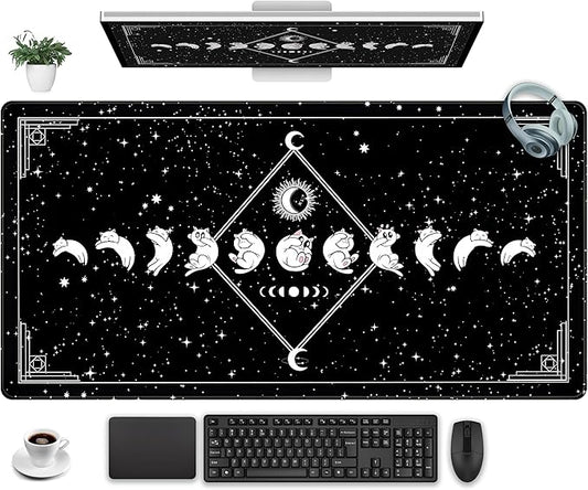 Black Desk Mat Cute Cats Mouse Pad XXL, Funny Gaming Desk Pad, Cute Desktop Mat for Keyboard and Mouse, Extra Large Full Desk Computer Pads, Kawaii Stars Horoscope Desk Decor 31.5" x 15.7"