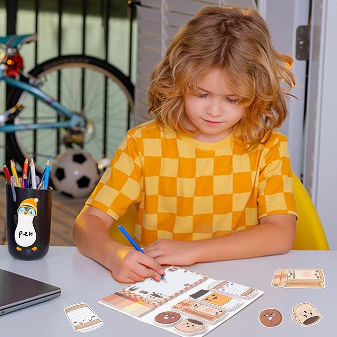 B1ykin Sticky Notes Set, Cartoon Theme Cute Self-Stick Notes Pad Teacher Appreciation Gifts, Self-Adhesive Writing Memo Pages Sticky to Do Notepad Thank You Gift for School Classroom (Latte Coffee)