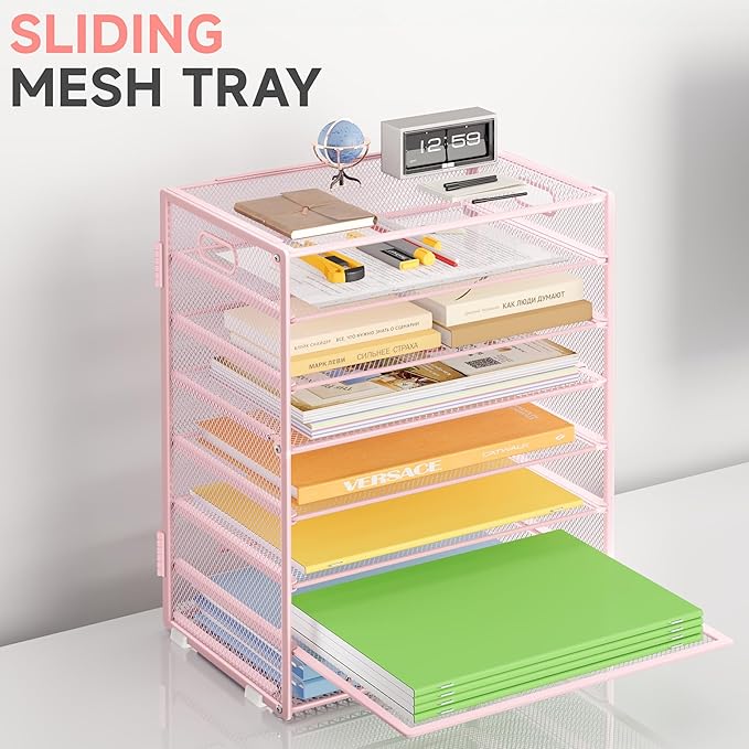 8 Tier Paper Organizer with Handle, Metal Mesh Desk File Organizer, Large Capacity Desk Organizers Paper Letter Tray Desktop Document Sorter for Office, Home or School - Pink