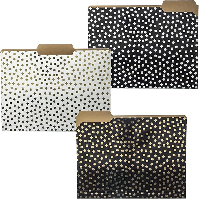 Graphique Designer Black, White, and Gold Polka Dots File Folders | Set of 9 (3 Designs) | Letter Size Organizers | Decorative Office Supplies | Durable Coated Cardstock | 1/3-Cut Tabs