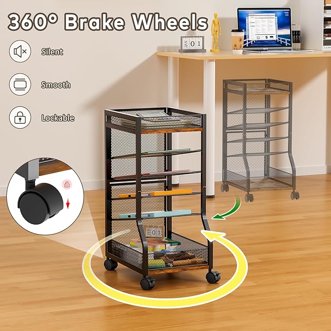 keomaisyto 6-Tier Standing File Organizer for Office Organization, Under Desk File Holder with Sliding Mesh Paper Letter Trays, Slim Rolling File Cart with Wheels for Home/Office/Study