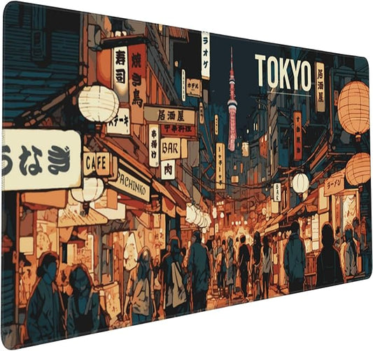 Large Gaming Mouse Pad, Japan Tokyo Yokocho Vintage Street Desk Mat for Desktop, Non-Slip Rubber Base Stitched Edges Long Computer Keyboard Mouse Mat Desk Pad for Home Office 35.4"X15.7"