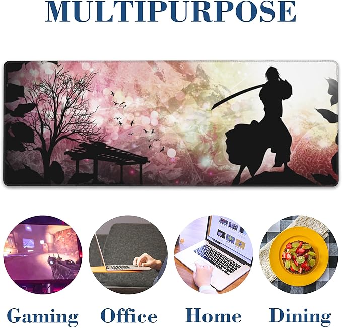Large Gaming Mouse Pad for Desk Japanese Warrior Big Desk Mat Extended Mousepad with Stitched Edge and Non-Slip Base Long Computer Keyboard Mouse Mat for Home Office Work, 11.8 x 31.5 Inch