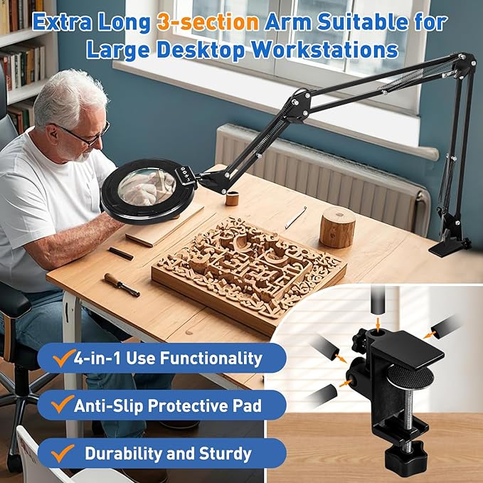 HITTI Ultra Long 12X Magnifying Glass with Light and Clamp, 5 Color Modes Steepless Dimming Desk Lamp, Swivel Arm Workbench Light, Hands Free Lighted Magnifier Stand for Craft Reading Soldering