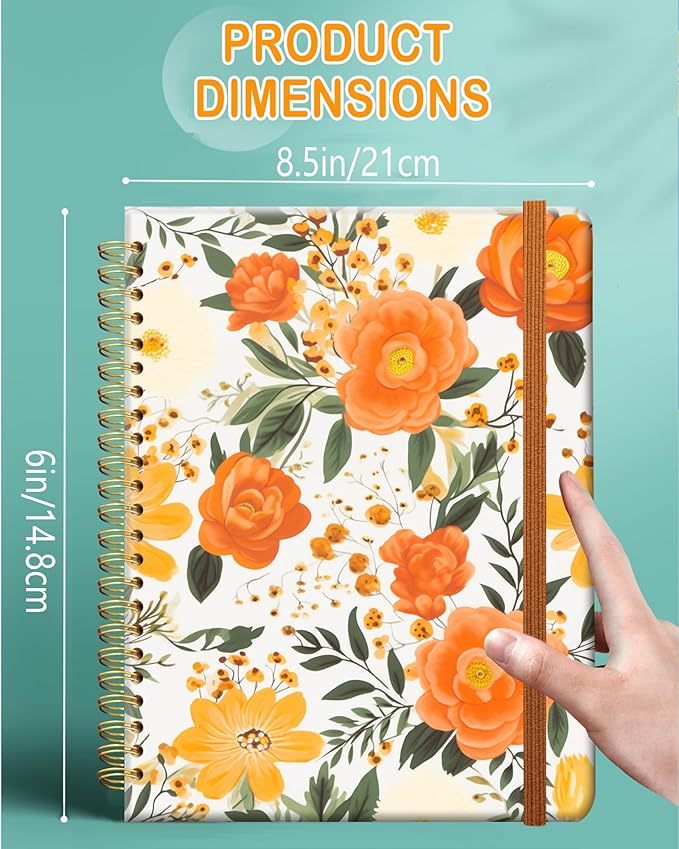 Ruled Spiral Writing Notebook,A5 Hardcover Lined College Journal for Women Lady Girl,Strong Twin-Wire Binding with Premium Paper,8.4" X 6",Perfect for School,Office,Home Gifts(orange flower)