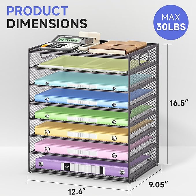 8-Tier Paper Organizer with Handle, Metal Mesh Desk Organizer File Folder Paper Letter Tray Desktop Document Sorter for Office, Home or School (Grey-2 Pcs)