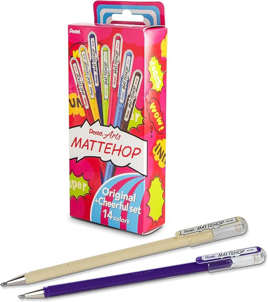 Pentel Mattehop Gel Pens, Original + Cheerful Colors Box Set, (1.0mm), Bold Line, 14 Assorted Colors (K110-V14ST)