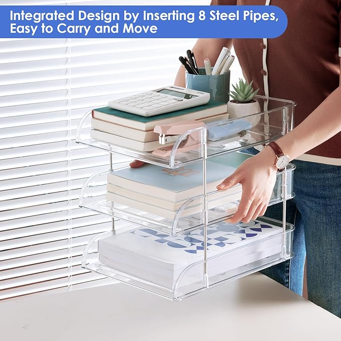 Noger Desk Organizers and Storage, 3 Tier Clear Heightened Desk Organizer, Stackable Paper Tray Organizer for Document, Letter, A4 File Paper, Desk Accessories, Office Supplies (Clear, 3 Pack)