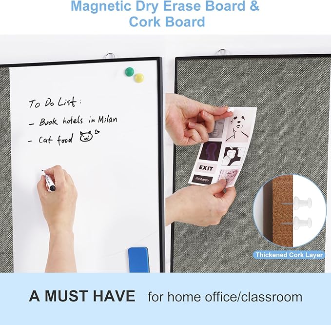 ARCOBIS Cork Board White Board Combo, 24"X18" Linen Bulletin Board Whiteboard for Wall, Double-Sided Magnetic Dry Erase Corkboard for Home, Office, School, Grey