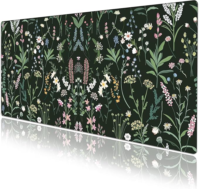 Wildflowers Desk Pad Protector, Stitched Edges Mouse Pad, Large Office Mat, Non-Slip Desk Blotter, Flower Laptop Pad, Floral Writing Pad for Office and Home (31.5" x 15.7")