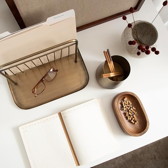 Kate and Laurel Koni Modern Three-Piece Home Office Organization Set, 13 x 8 x 9, Walnut Brown and Antique Brass, Wood and Metal Organizational Set for Office with File Folder Holder