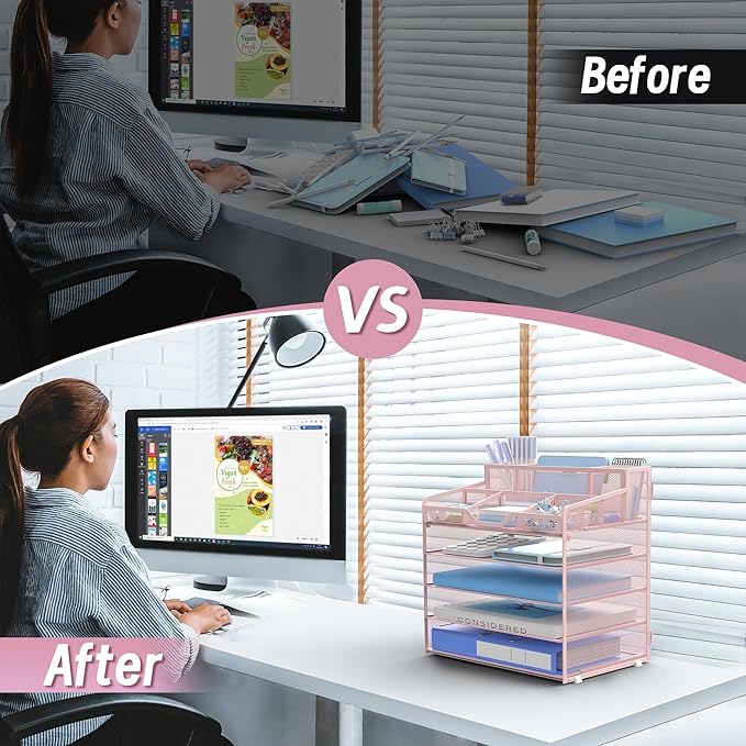 5 Tier Mesh Desk Organizer,Multi Functional Letter Paper Tray with 3 Pen Holders and 5 Adjustable Storage Compartments for Office Supplies Files and Mail Space Saving Desktop Organizer-Pink
