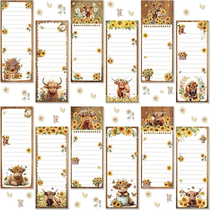 Eaasty 12 Pcs Christmas Magnetic Notepads for Refrigerator Highland Cattle Style Monthly Magnetic Grocery List 9 x 3.5 Magnet Memo Pads 30 Sheet Per Pad Shopping to Do List for January to December
