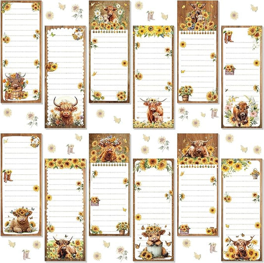 Eaasty 12 Pcs Christmas Magnetic Notepads for Refrigerator Highland Cattle Style Monthly Magnetic Grocery List 9 x 3.5 Magnet Memo Pads 30 Sheet Per Pad Shopping to Do List for January to December