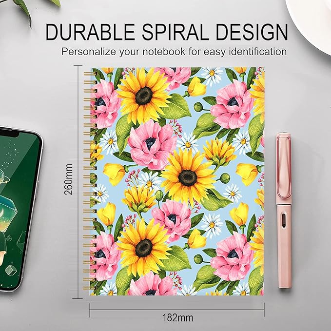 Spiral Journal Notebook for Women,A5 College Ruled Notebooks 6"x 8.4",120 Pages Lined Journal with Premium Thick Paper,Perfect for School Office Home Gifts(Sunflower Daisy)