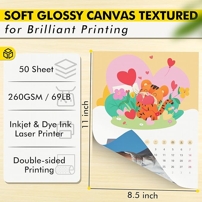 Koala Thick Canvas Textured Double-sided Printer Paper 8.5X11 69LB 50sheets 260GSM Heavyweight Compatible with Inkjet and Laser Printer