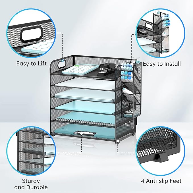 SUPEASY 6 Tier Desk Organizer with 4 Pen Holders, Mesh Paper Organizer Letter Tray with Handle, Desk Organizer Tray File Organizer for A4 File Folder, Black