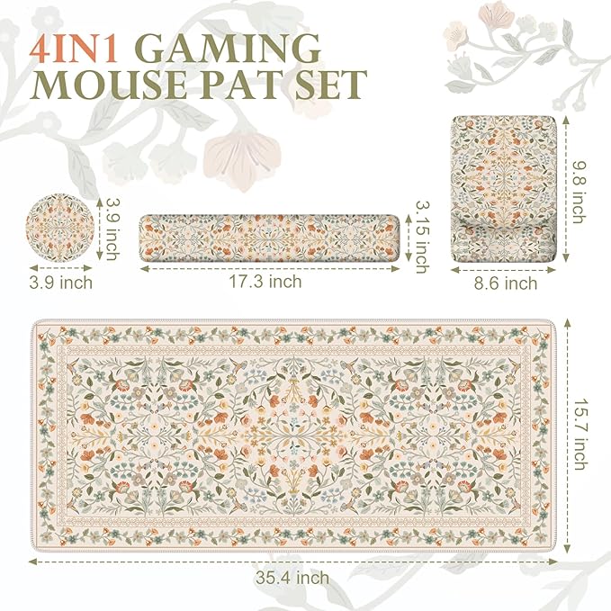 iCasso Mouse Pad with Wrist Rest,Large Desk Mat Set,Ergonomic Keyboard Pad with Wrist Support,Non-Slip Mouse Mat for Women,Cute Floral Computer Mat for Home Office Gaming (Beige)