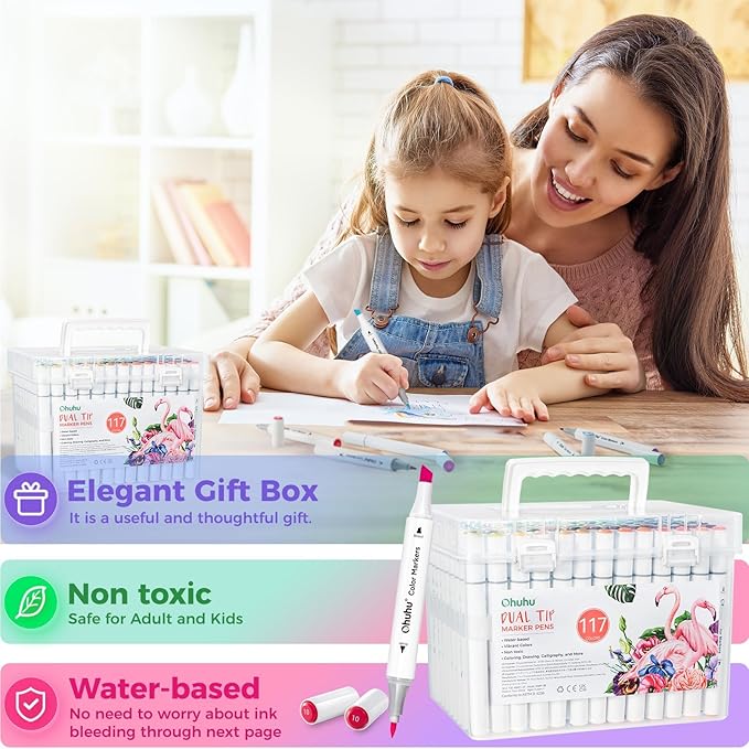 Ohuhu Markers for Adult Coloring Books No Bleeding 116 Colors Water-based Dual Tips Brush & Chisel Coloring Markers for Kids Adults Beginners Drawing Pens for Journaling Lettering