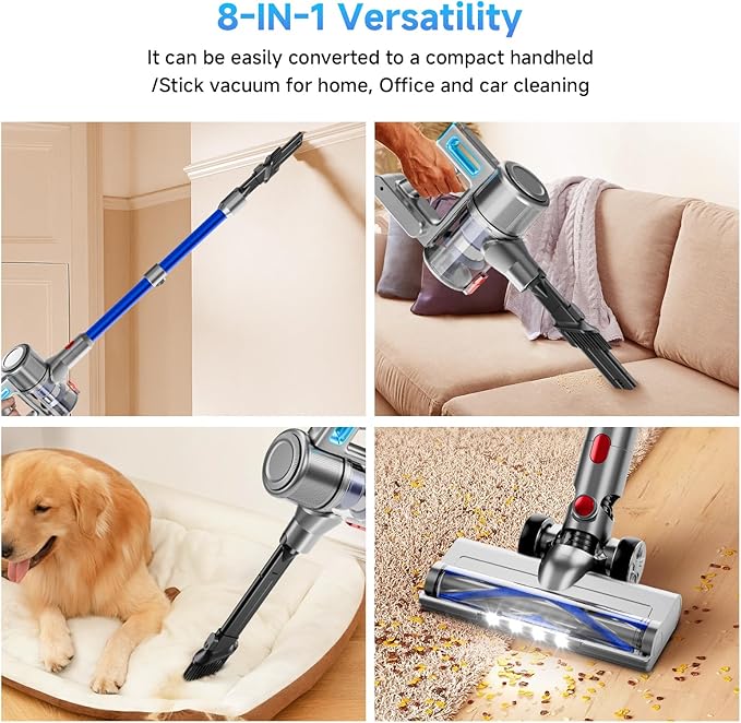 Vaconly Cordless Vacuum Cleaner, 8 in 1 40Kpa 55Mins,Lightweight Vacuum Cleaners for Home, Stick Vacuum with Anti-Tangle Brush,Wall Mount, Rechargeable Cordless Vacuum for Floor/Sofa/Pet Hair, Blue