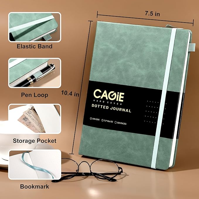 CAGIE Bullet Dotted Journal Notebook 320 Pages 100 GSM Paper Hardcover B5 Dot Grid Notebook Leather Journals for Writing Women Men Work Journaling, Green