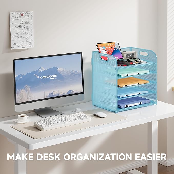 5 Tier Paper Organizer with Handle, Metal Mesh Desk Organizer File Folder Paper Letter Tray Desktop Document Sorter for Classroom, School, Office Accessories Organization and Storage - Blue