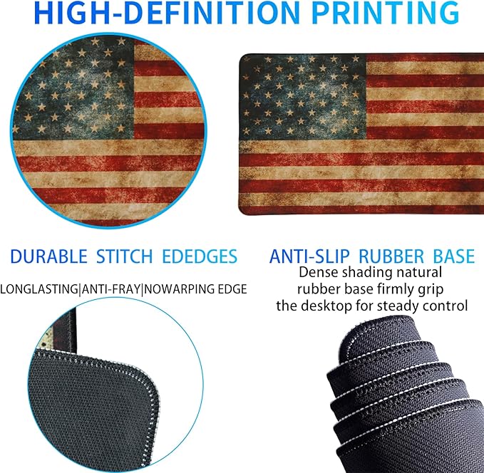 Flag of The United States Gaming Mouse Pad, Large Mouse Pad for Desk Mat XL Mousepad, Stitched Edges Non-Slip Rubber Base Mouse Pads for Computers Laptop (USA Flag-Large-Red)