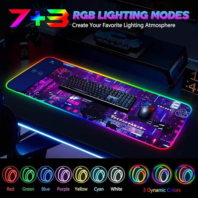 RGB Mouse Pad with 15W Wireless Charging, Purple Anime Neon Extended Large LED Gaming Mouse Pad Non-Slip Rubber Base, 10 Light Modes Desk Pad for Home Office-Warrior Cat