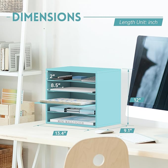 SUPEASY Wood Desk Organizer, 5 Tier Paper File Organizer for Desk, Wooden Desktop Organizer, Paper Letter Literature Mail Sorter, for Office School & Home Organization, Blue