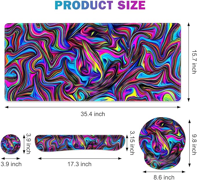 Gaming Mouse Pad, Large Desk Mat, Cute Desk Pad Protector, 4in1 XXL Mousepad + Keyboard Wrist Rest+Mouse Wrist Rest+Coaster Set with Ergonomic Desk Pad for Home Office Computer, Dazzling Bright Color