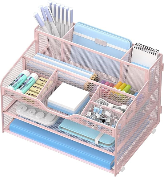 3 Tier Mesh Desk Organizer,Multi Functional Letter Paper Tray with 3 Pen Holders and 5 Adjustable Storage Compartments for Office Supplies Files and Mail Space Saving Desktop Organizer-Pink