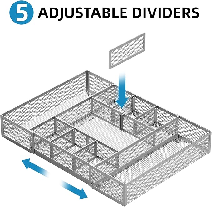 Marbrasse Expandable Desk Drawer Organizer, Mesh Tray with 10 Adjustable Compartments, Desk Organizers for Office Supplies, Makeup & Vanity (Expandable-Silver)